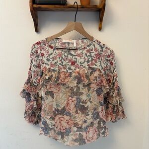 See by Chloé Multi Floral Silk Blouse Ruffle Sleeve Size 38 US 6